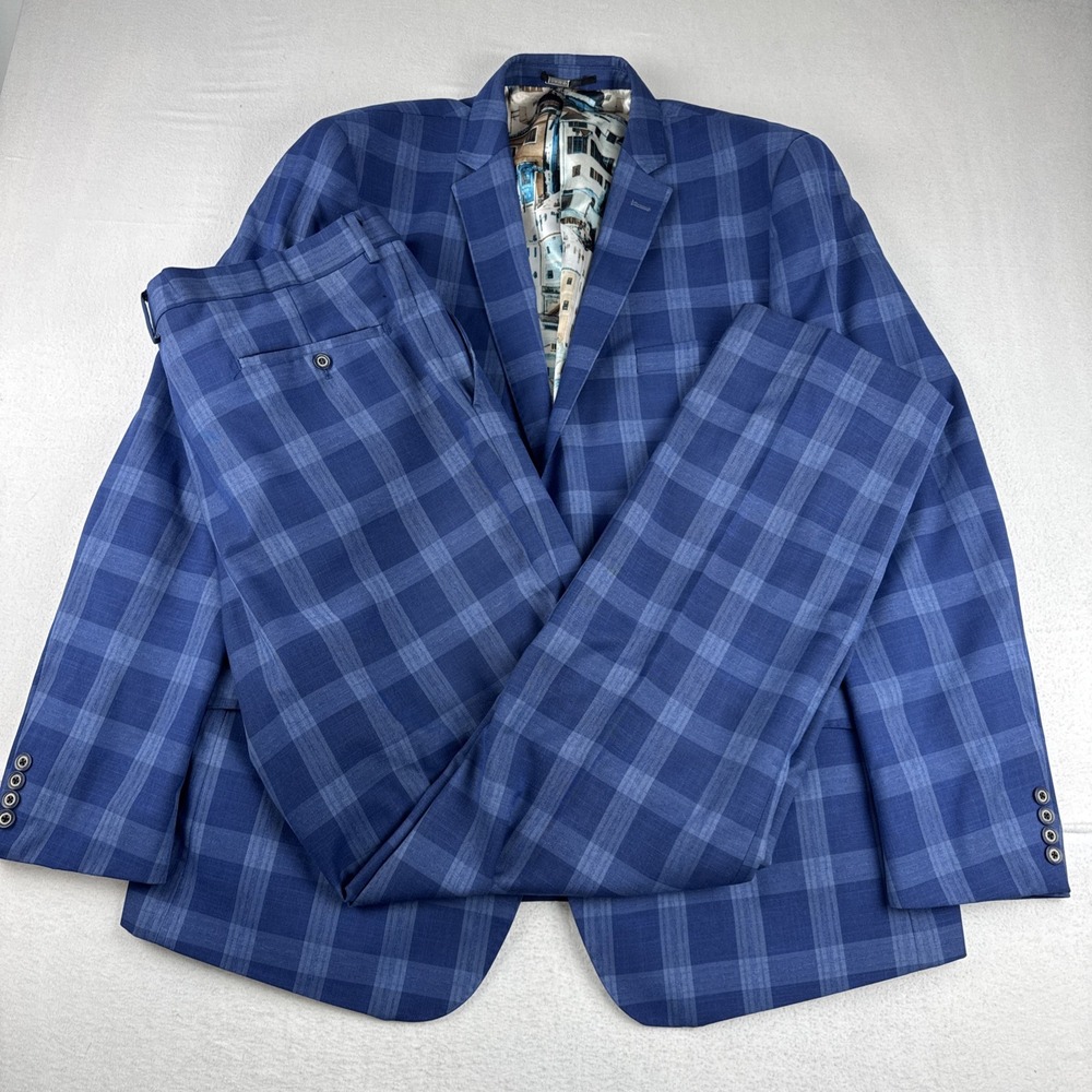 Statement Super 150s Mens Blue Check 2 Piece Suit 50L , Pants Fit 42*34